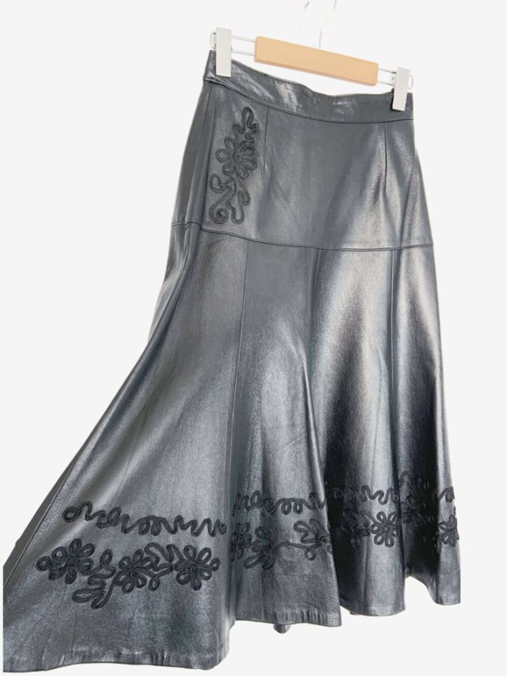 Vintage 100% Black Leather A-Line Skirt / Made in France / size Small